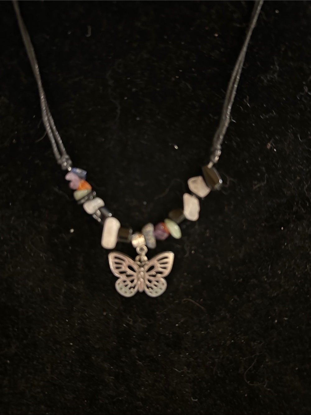 Butterfly Charm Multi-Stone Beaded Necklace - Black